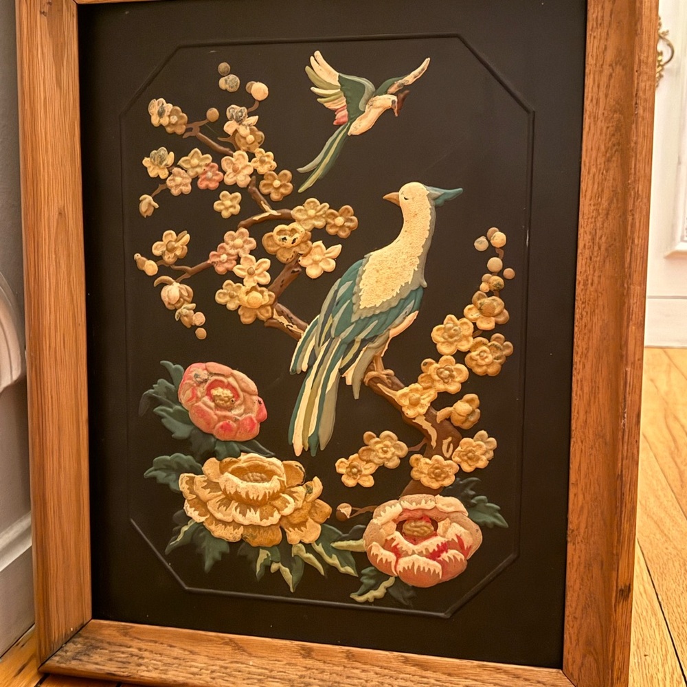 Vintage Framed Bird and Floral Art 3d and hand painted
